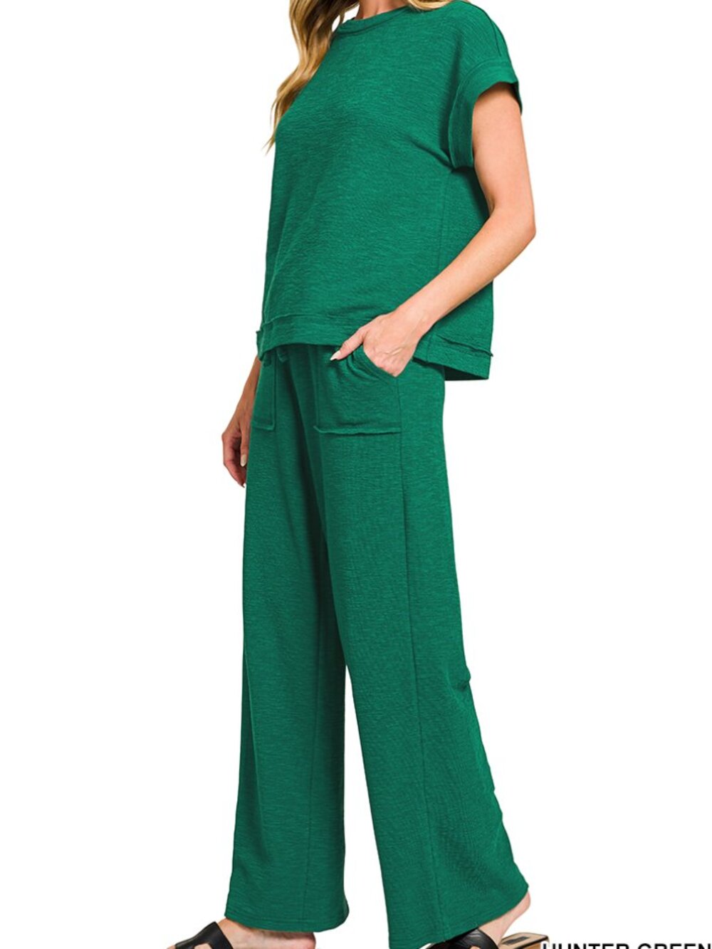 Slub Short Sleeve Tee & Long Pants Set in Hunter Green - Picture 2 of 3